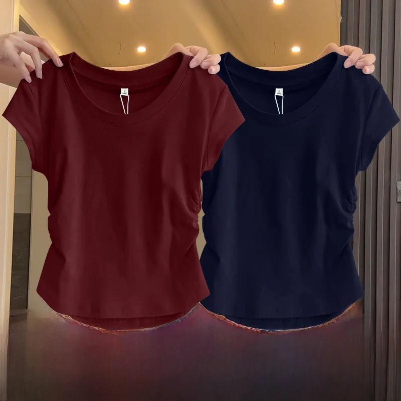 Women's Short Sleeve T-Shirt 2026 New Summer Slim Fit Single Wear Waist-Cinching Design  Color Versatile Body-Shaping Top
