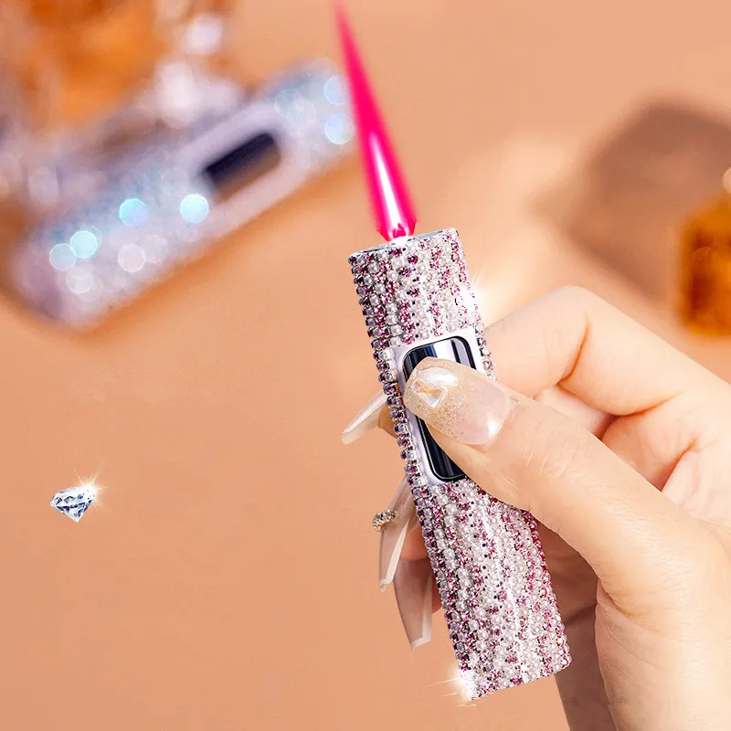 

High-end Windproof Diamond Inlaid Inflatable Lighter Metal Powder Flame Portable Mini Lighter Fashionable Women's Smoking Gift