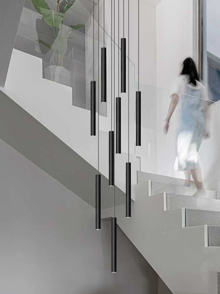 Minimalistyczna długa lampa wisząca LED Cylindryczna oprawa Nowoczesna rura Salon Jadalnia Wyspa Żyrandol Lina Schody Żyrandol