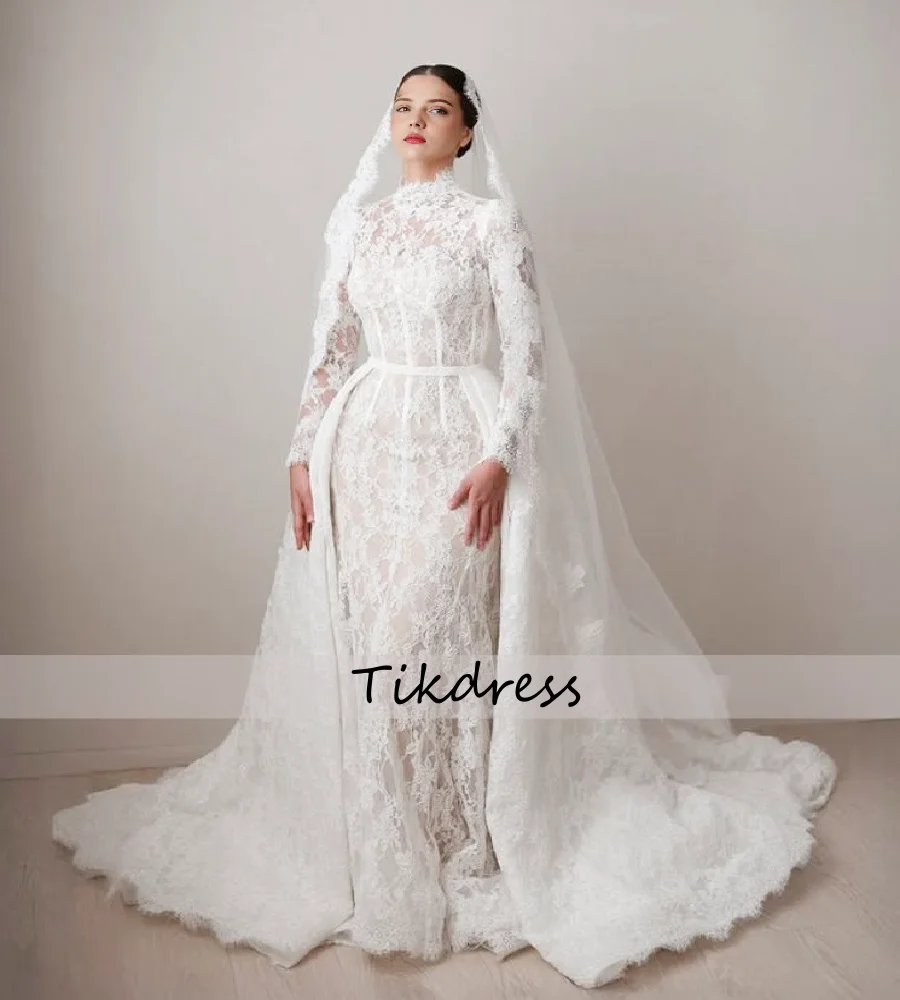 Gorgoeus Full Lace Wedding Dress 2026 With Overskirt Train Plus Size Mermaid