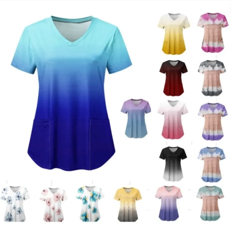 Womens Medical Nursing Uniform Blouse Stretch Gradient Print V-Neck Short Sleeve T-Shirts Tops With Pocket Women's Workwear