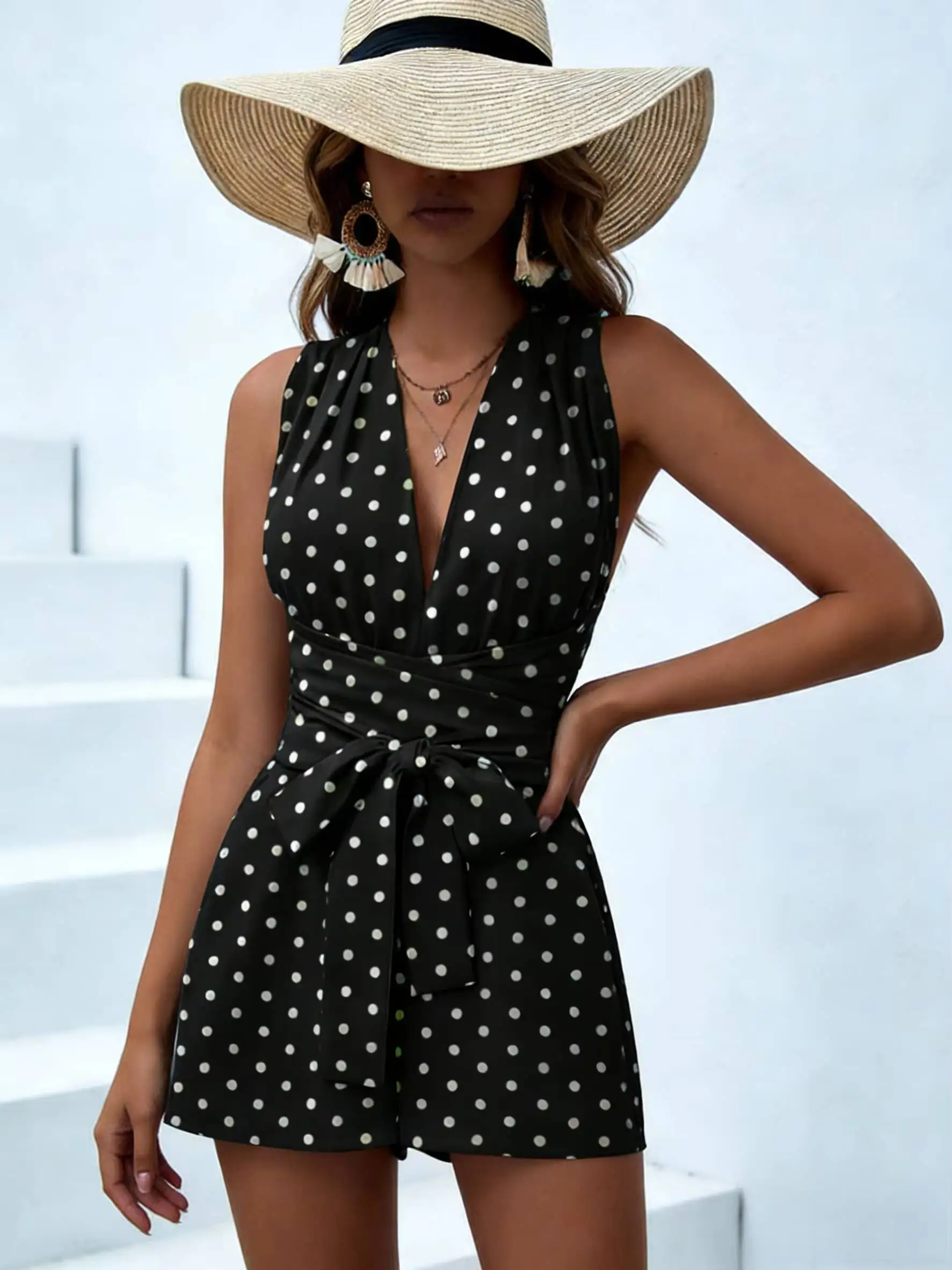 

Women Halter Sleeveless Deep V Belted Polka Dot Fitted Romper Boho Spring Summer Vacation Beach Lightweight Breathable Romper