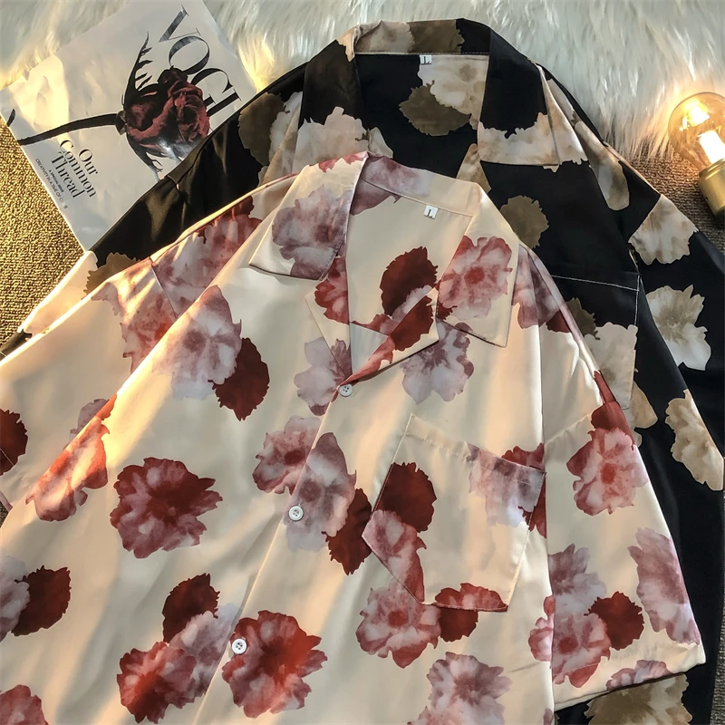 

Cuban Floral Print Ice Silk Men's Shirt Summer Trendy Loose Short Sleeve Thin Vintage Style Fashionable Youth Sharp Collar