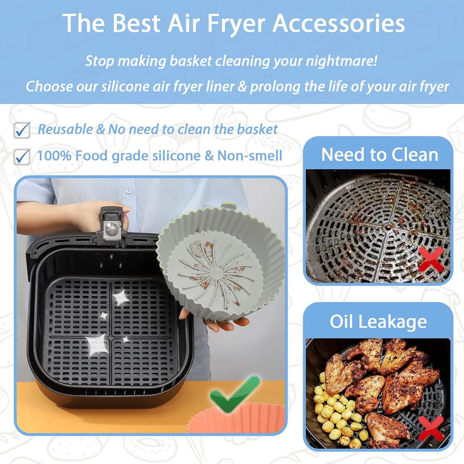 Air Fryer Silicone Liners Round 7/8/9 inch Air Fryer Silicone Pot Reusable Food Grade Silicone Airfryer Liners Baking  Basket