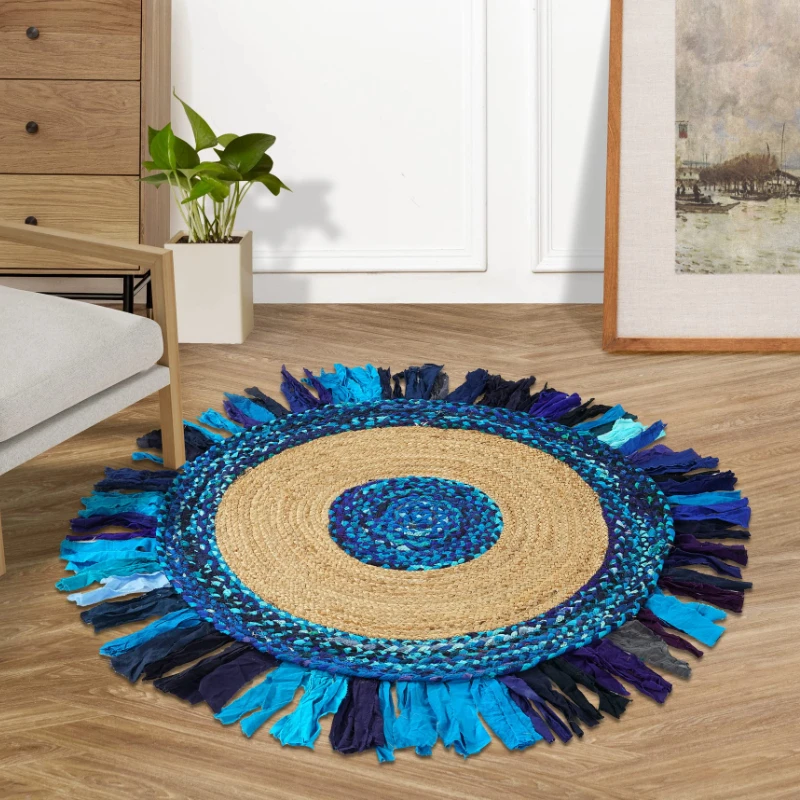 

Handmade Blue Fringe Jute Area Rug Soft Braided for Indoor Natural Jute Area Rug Fiber Round Collection