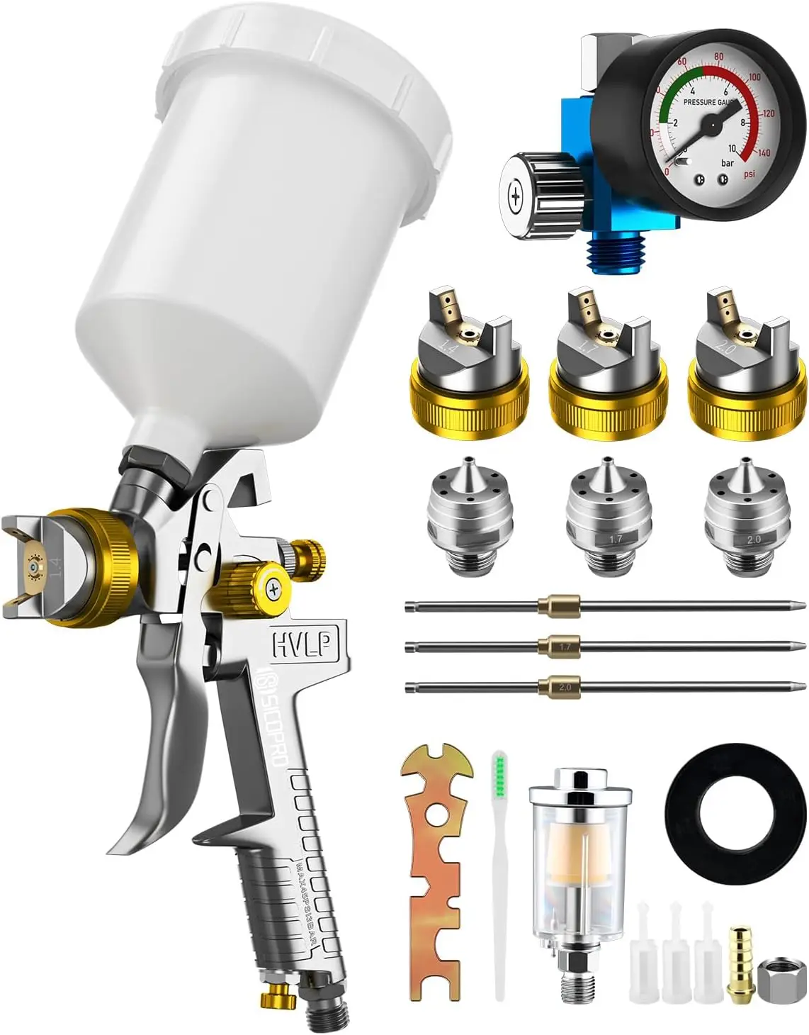 

HVLP Paint Sprayer Gun with 1.4/1.7/2.0mm Nozzles and Air Regulator for House Painting and Automotive Use