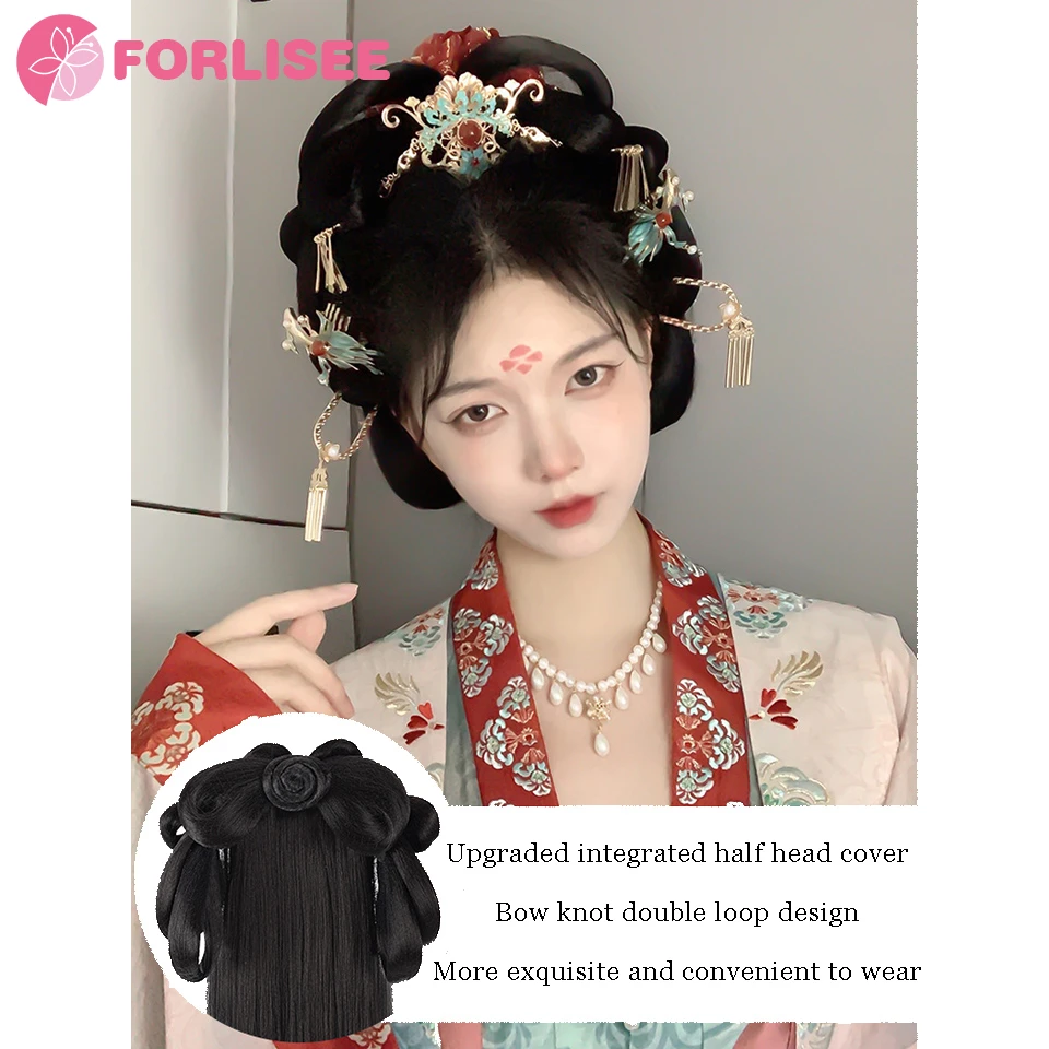 Synthetic Ancient Costume Hanfu Wig All-in-one Lazy Hairband Ancient Style Full Tang Style Hairstyle Daily Wig Bun Pad Hair Bag