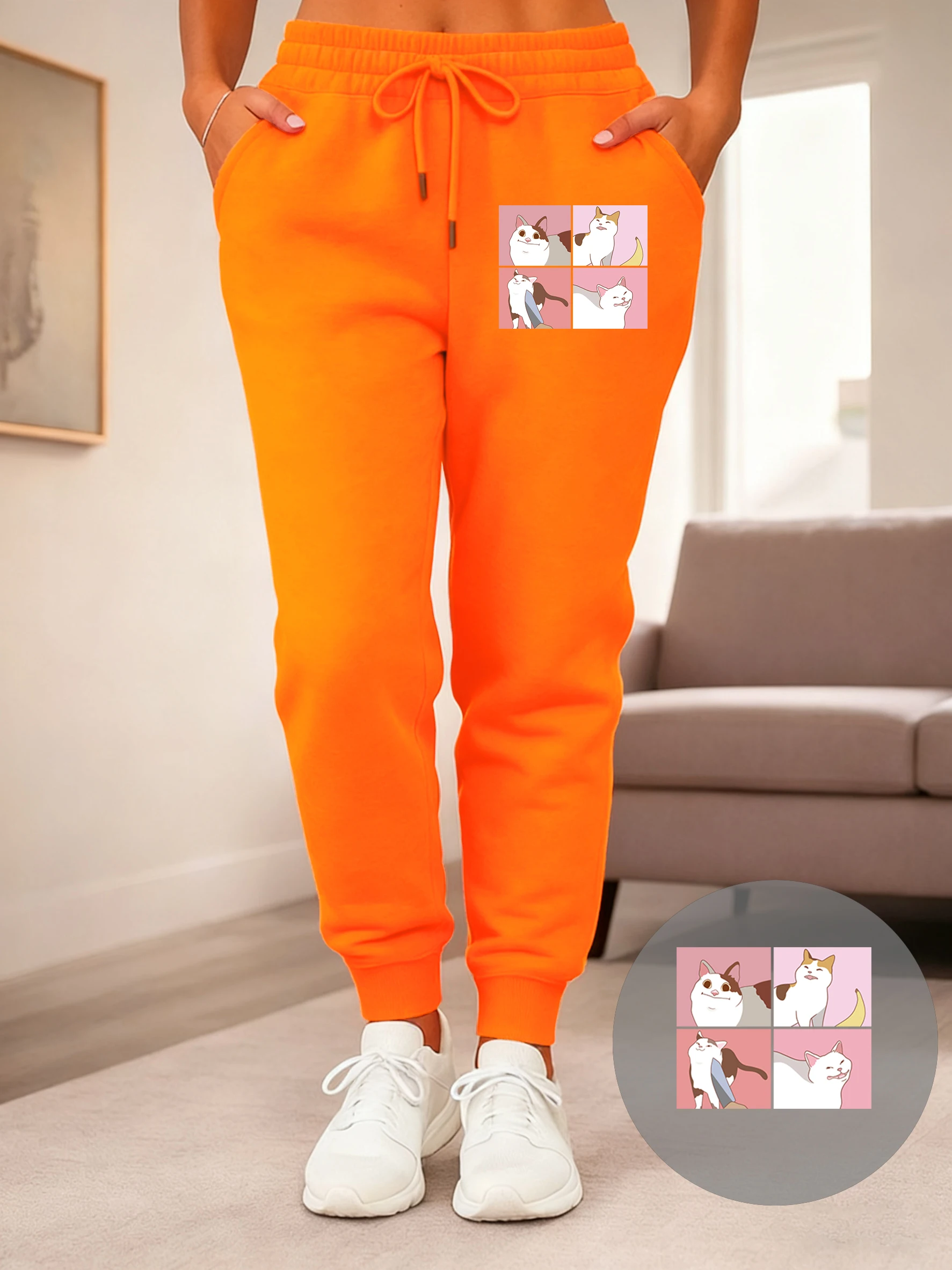 Cartoon Banana Knife Cat Printed Women Jogging Pant Autumn Hip Hop Trousers Fleece Drawstring Sweatpants Comfortable Long Pants