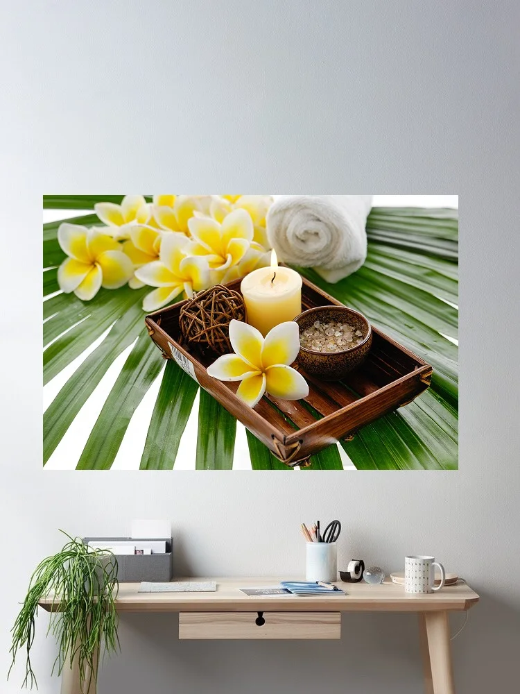 Frangipani Serenity: Spa Still Life with Candle  Tropical Flowers Art Print Canvas Poster, Living Room Decor, Home Wall Picture