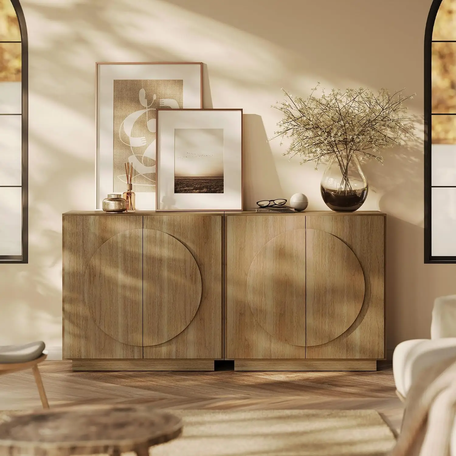 Modular Sideboard Buffet Cabinet Set Of 2, Storage Organizer Console Table For Dining Living Room, Camel, Customized