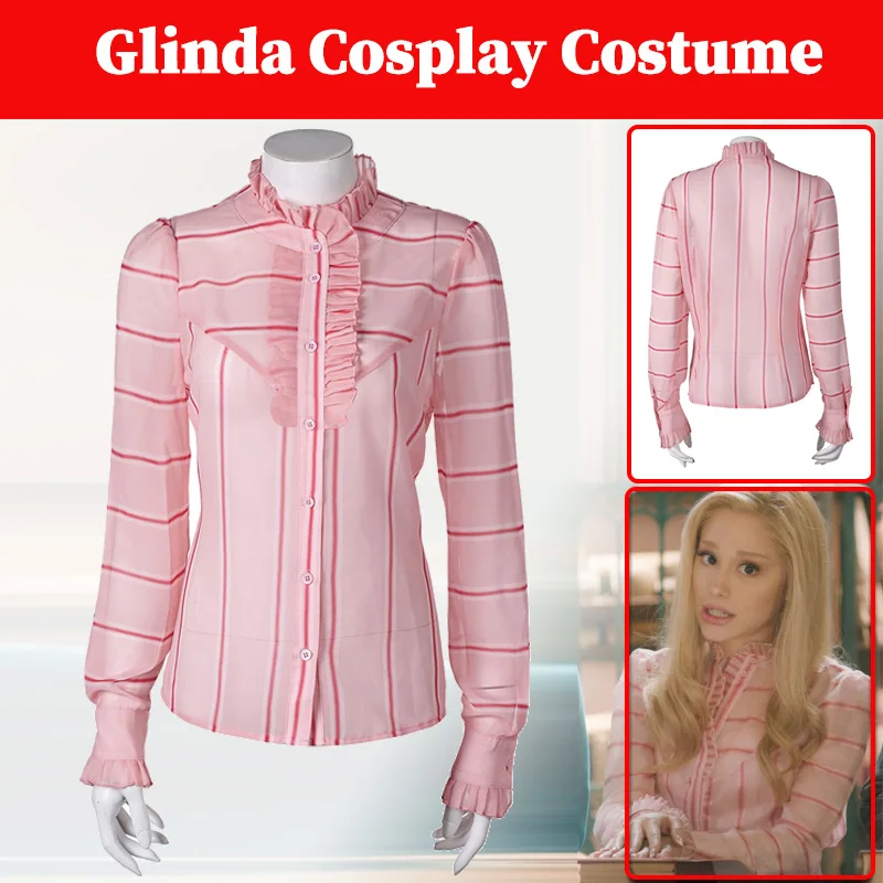 

Glinda Shirts Cosplay Movie Wicked Costume Women Sweet Pink Striped Shirt Outfits Female Casual Tops Halloween Party Suits