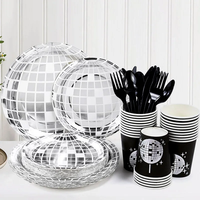 Disco Ball Thema Einweg Geschirr Set Silber Laser Disco Pappteller Tasse Servietten Für Hochzeit Geburtstag Party Decor Tischdecke