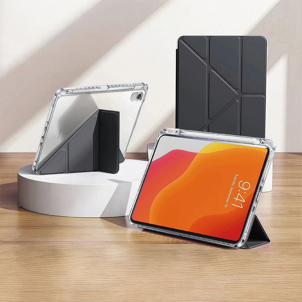 3+Y-fach faltbare, transparente Tablet-Hülle für iPad Air 3 2019 10,5 Zoll, magnetischer Ständer, Acryl-Rückseite für iPad Pro 10,5 Zoll 2017