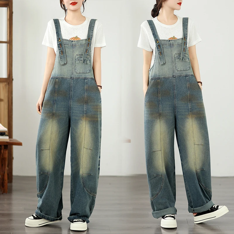 

Loose Artistic Vintage Large Size Denim Overalls Women's Thin Long Pants Good Quality Cotton High Waist Casual Style Spring New