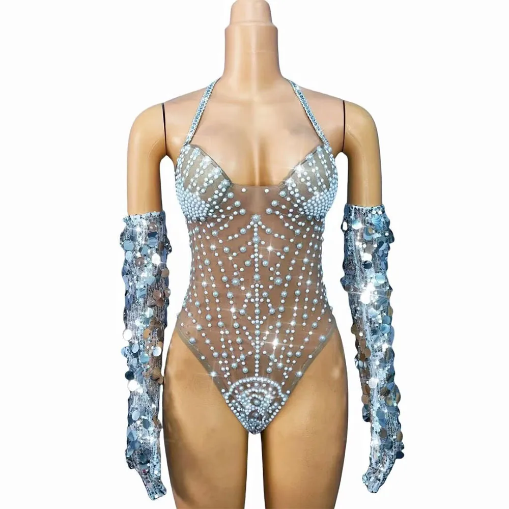 セクシーなヌードメッシュ光沢のあるパールスパンコール包帯ボディスーツ女性パーティーファッションショー衣装歌手ダンサーパフォーマンスステージ着用