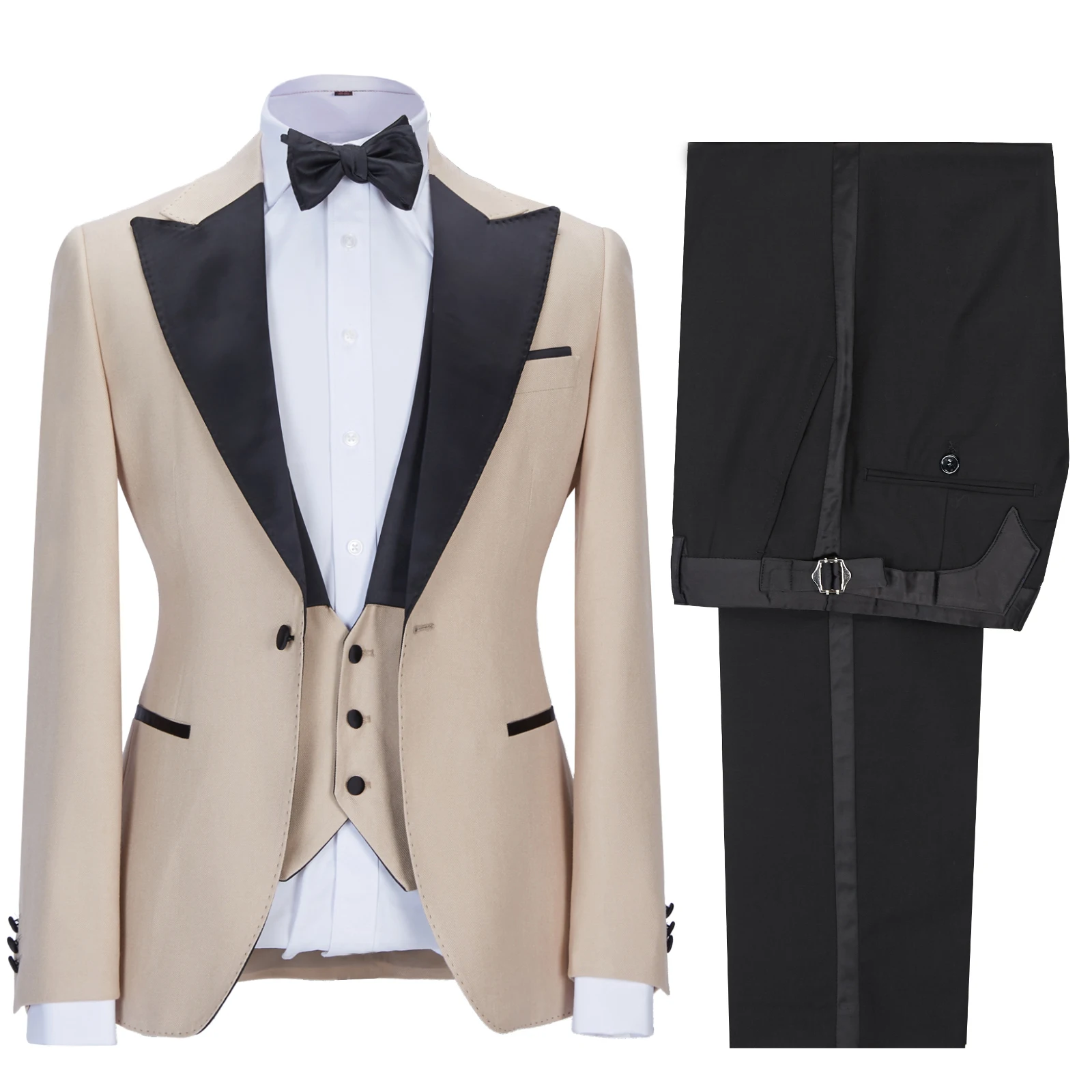 Beige Men's Suit 3-Piece One-Button Black Lapel Jacket Business Casual Blazer Coat Groom's Wedding Tuxedo (Blazer+Vest+Pants)