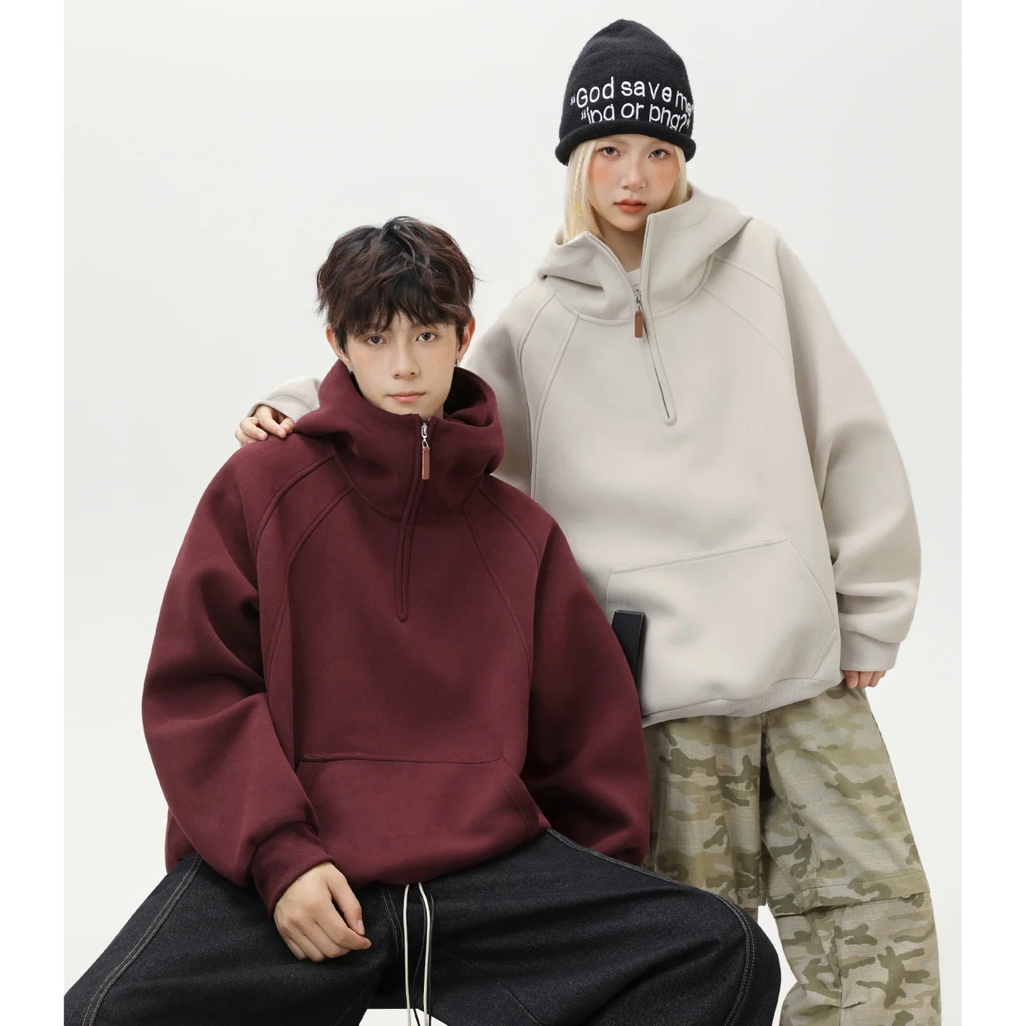 

Unisex Hoodies 2025 Autumn Winter Unisex Hooded Sweatshirt Heavyweight Half Zip Structured Paneled Oversized Hooded Jacket