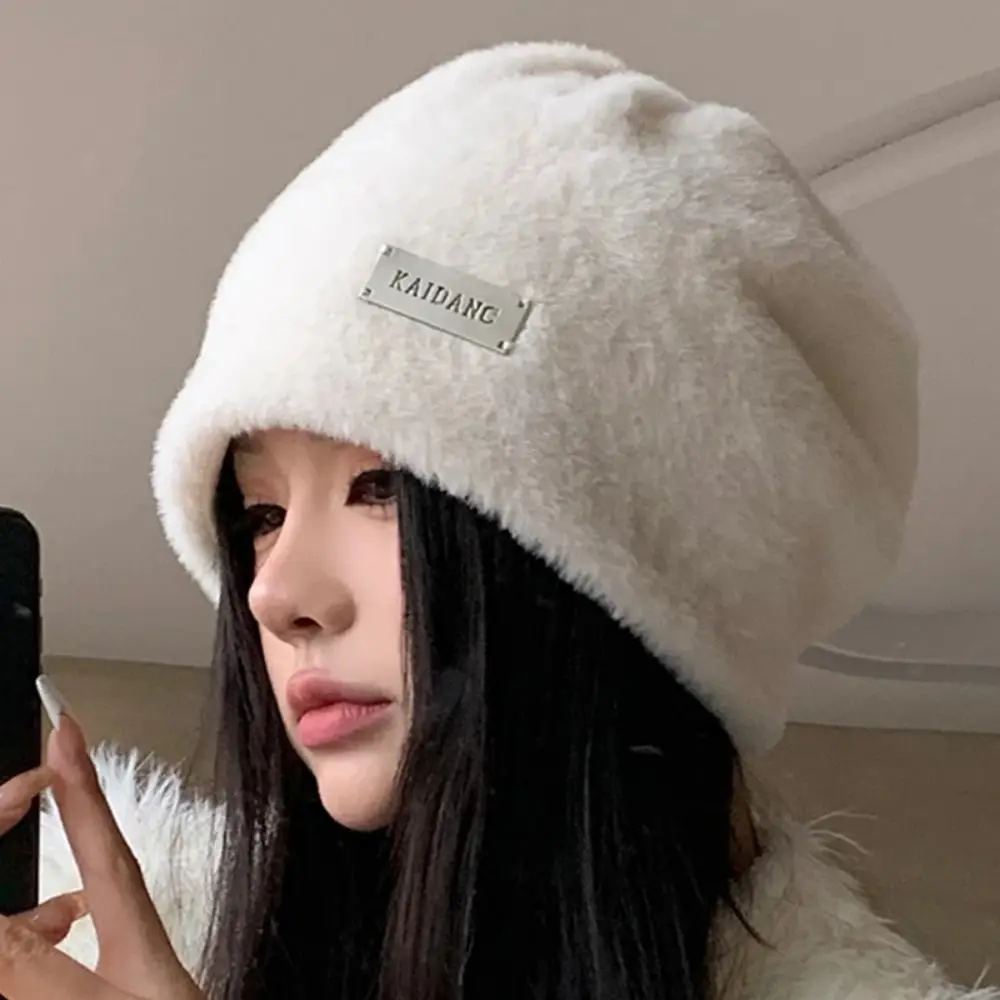 

Solid Color Thickened Fleece Wool Skullies Coldproof Baggy Beanies Hats High Quality Korean Style Letter Pullover Hats Autumn