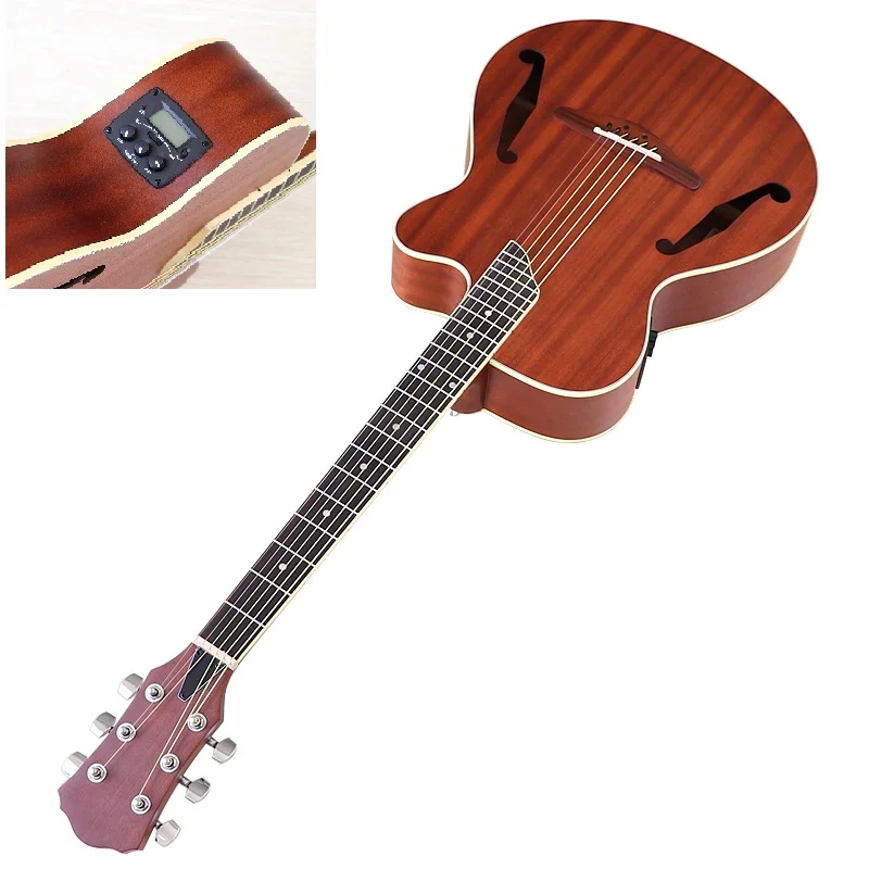Full Sapele Wood F Hole 40 Inch Electric Acoustic Guitar Folk Guitar Matte Brown 6 Strings Guitar Wood Guitar with Pickup