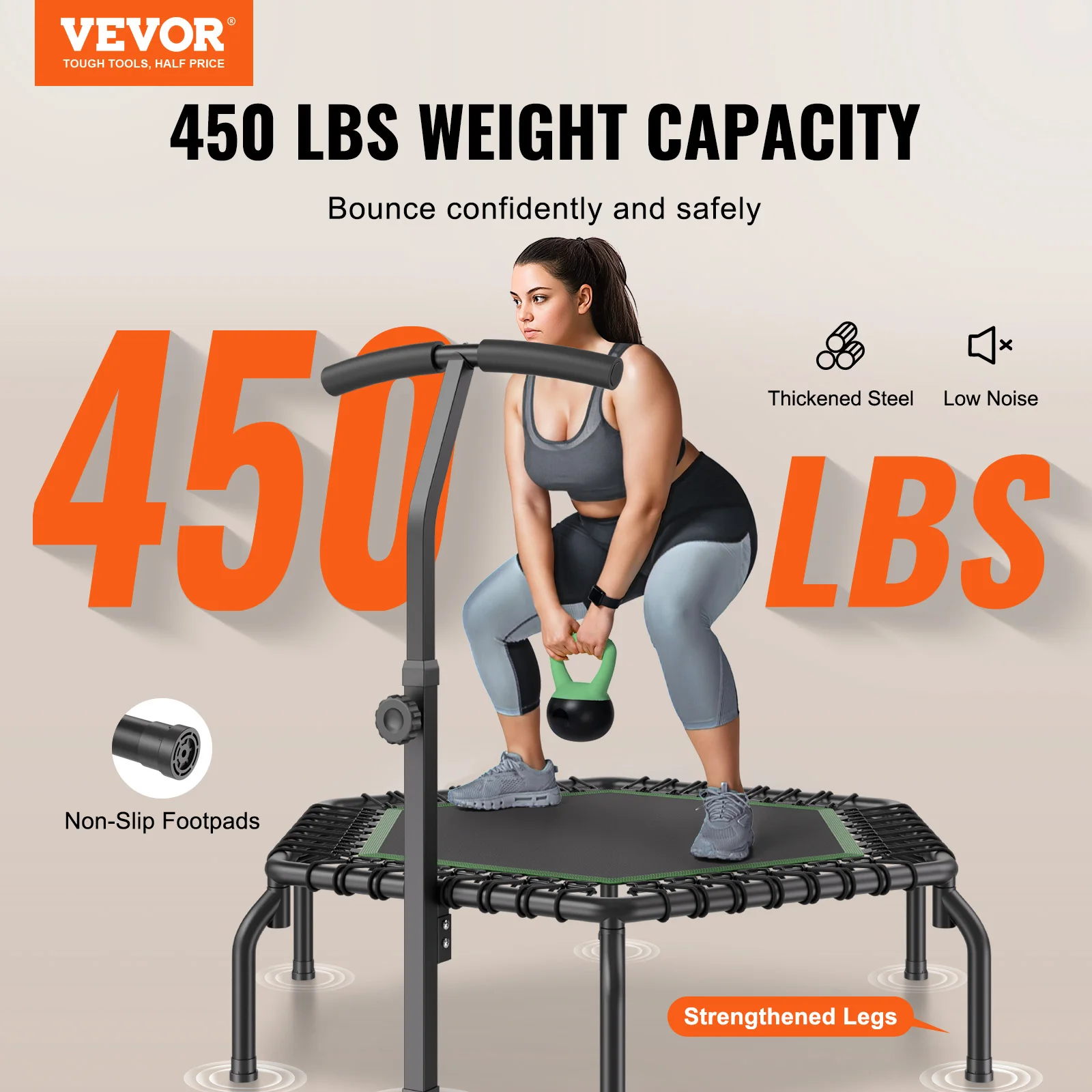 VEVOR Mini Trampoline 54.5 Inch Fitness Rebounder Exercise Trampoline Stable & Quiet with 3 Levels Height Adjustable Foam Handle