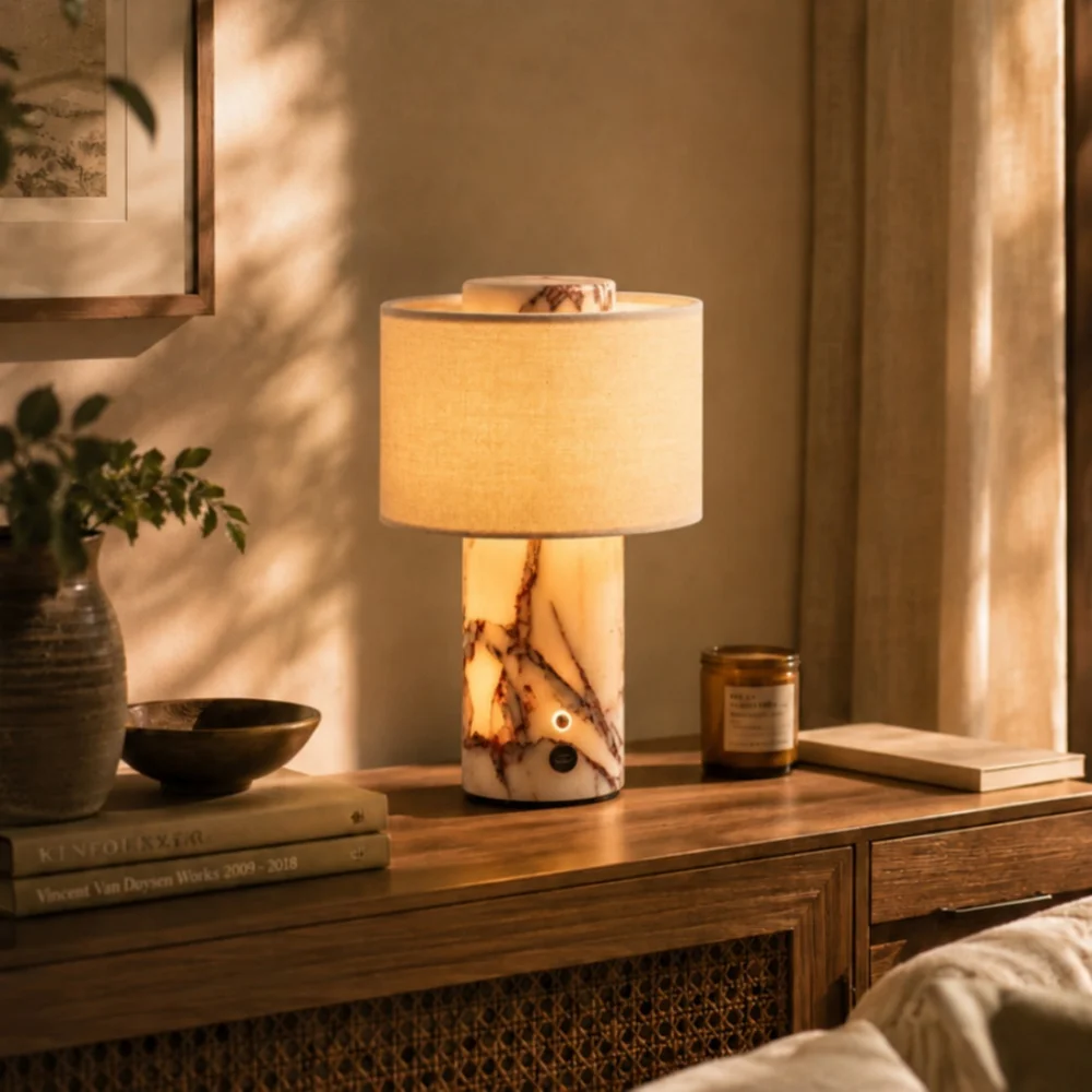 Travertine LampRechargeable Stone Table Lamp Marble Wabi Sabi Table Light Cordless Touch for Counter Bedroom Study Desktop Decor