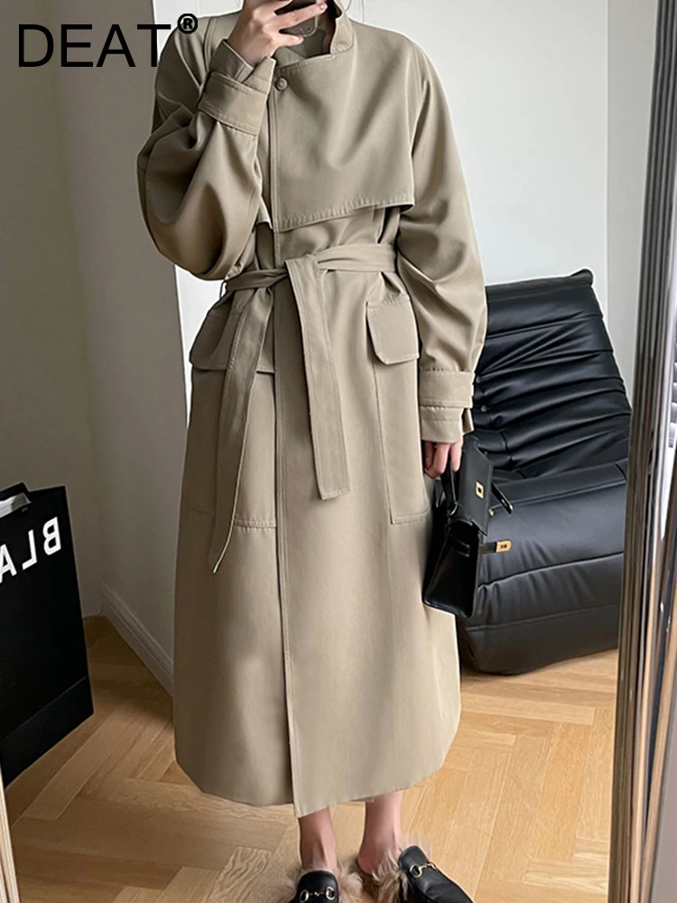 

DEAT Fashion Women's Trench Coat Belt Stand Collar Long Sleeves Single Button Big Pockets Windbreaker spring 2024 New 7AB338