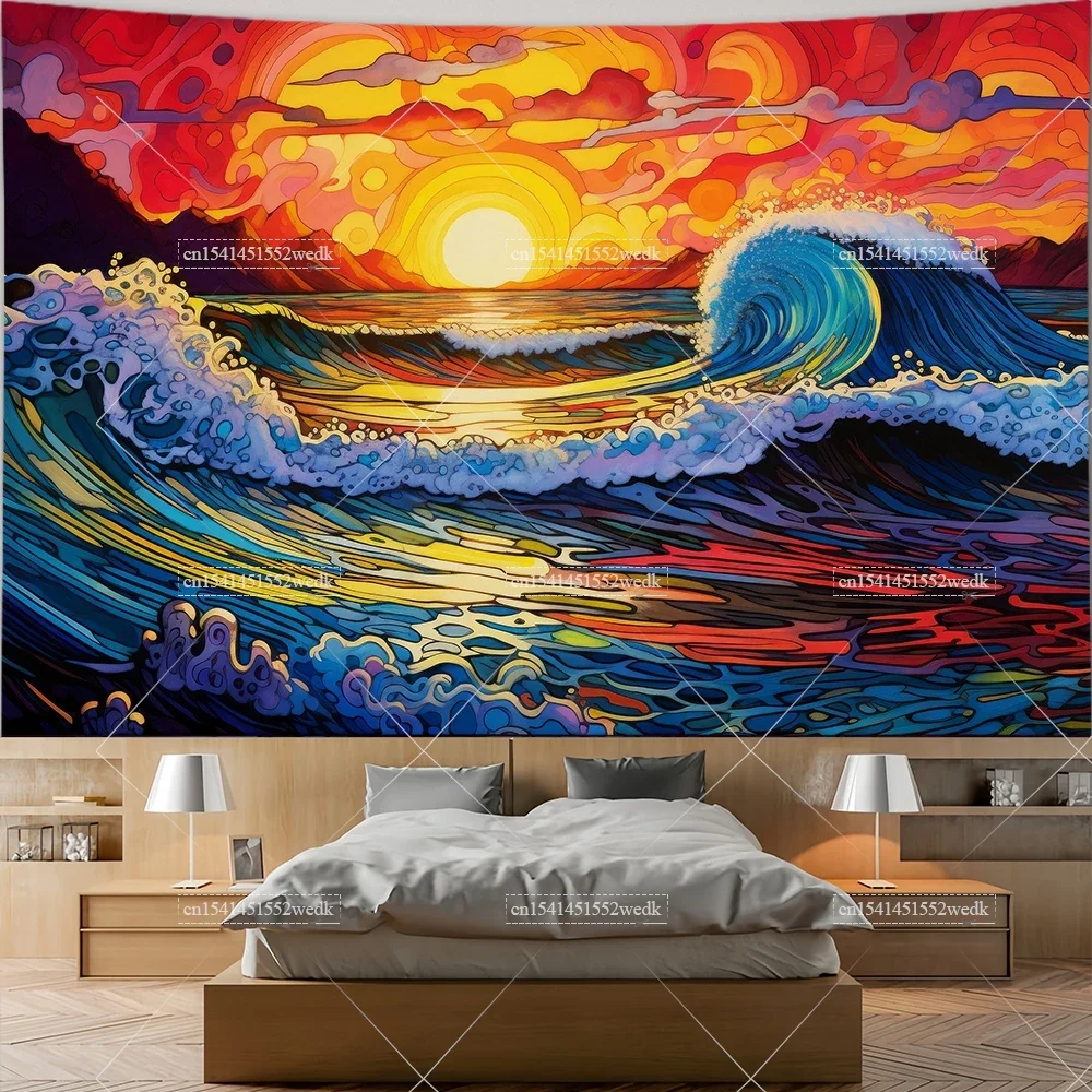 Ocean Wave Beach Landscape Tapestry Wall Hanging Sunset Scenic Tapestries Mosaic Aesthetic Bedroom Decor Meditation Art Posters