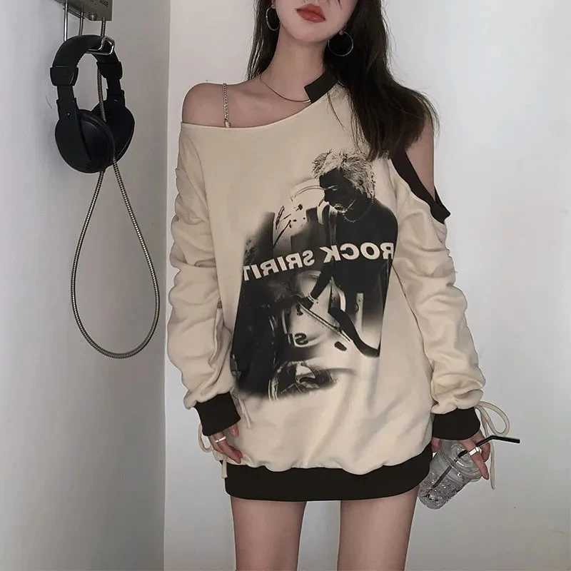 MEXZT Y2K Off Shoulder Hoodies Women Streetwear Oversized Print Sweatshirt Vintage Hollow Out Bandage Drawstring Pullovers Tops