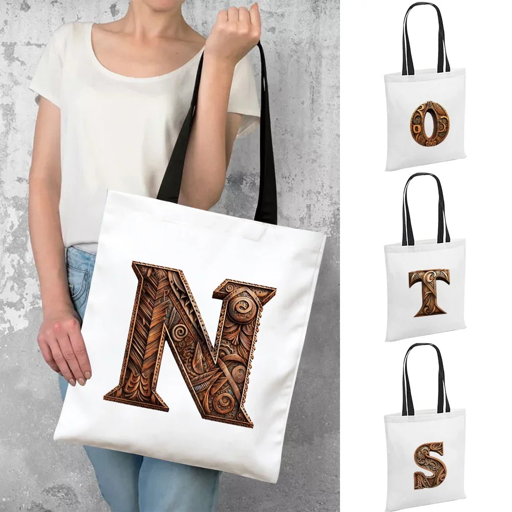 

Shoulder Bag Canvas Tote Bag Women's Casual Canvas Wood Art Letter Pattern Stylish Travel Tote Suitable for Work School