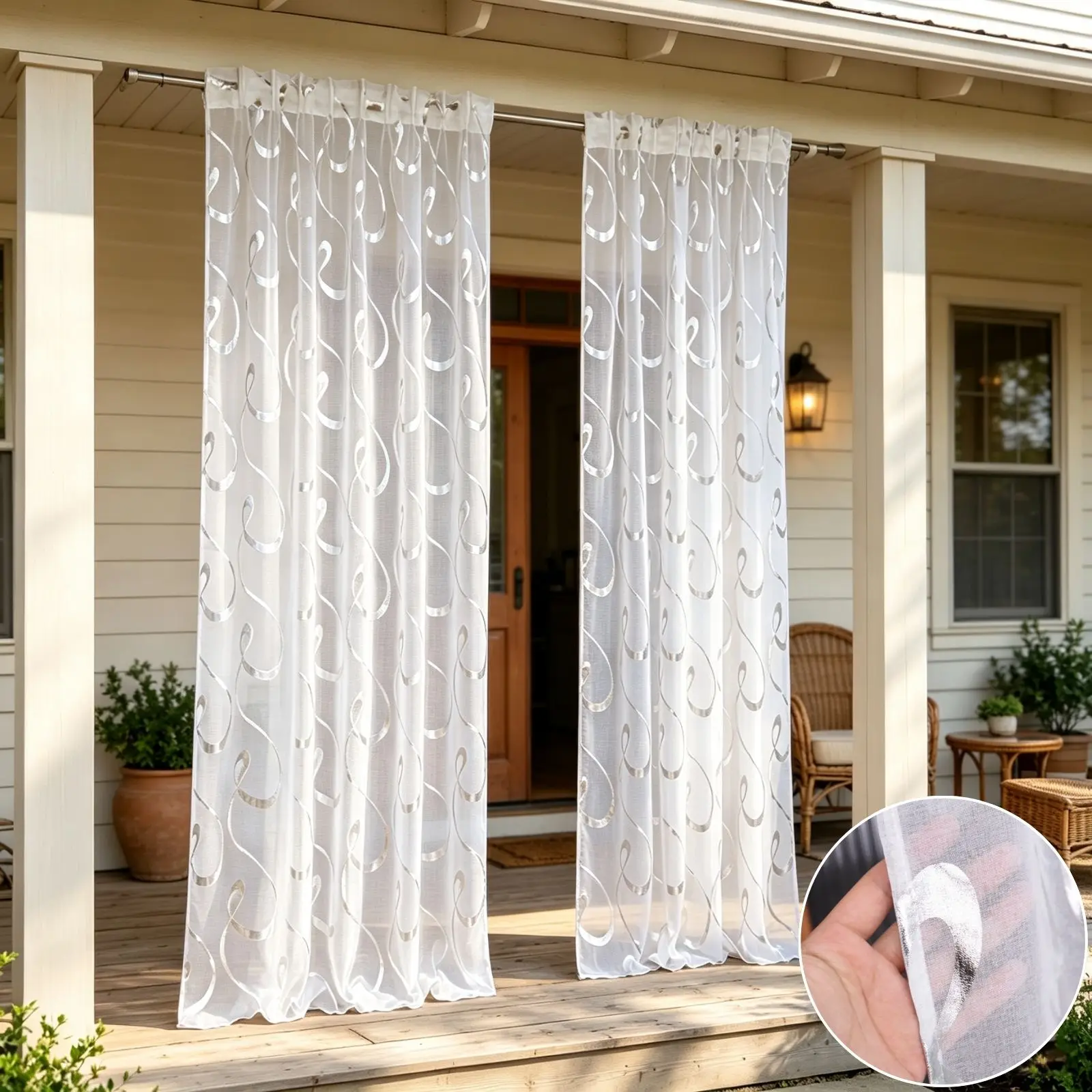 2PCS Silver Swirl Pattern Outdoor Sheer Curtains, Light Filter Drapes, For Porch Gazebo Garden, Lovely Housewarming Gift
