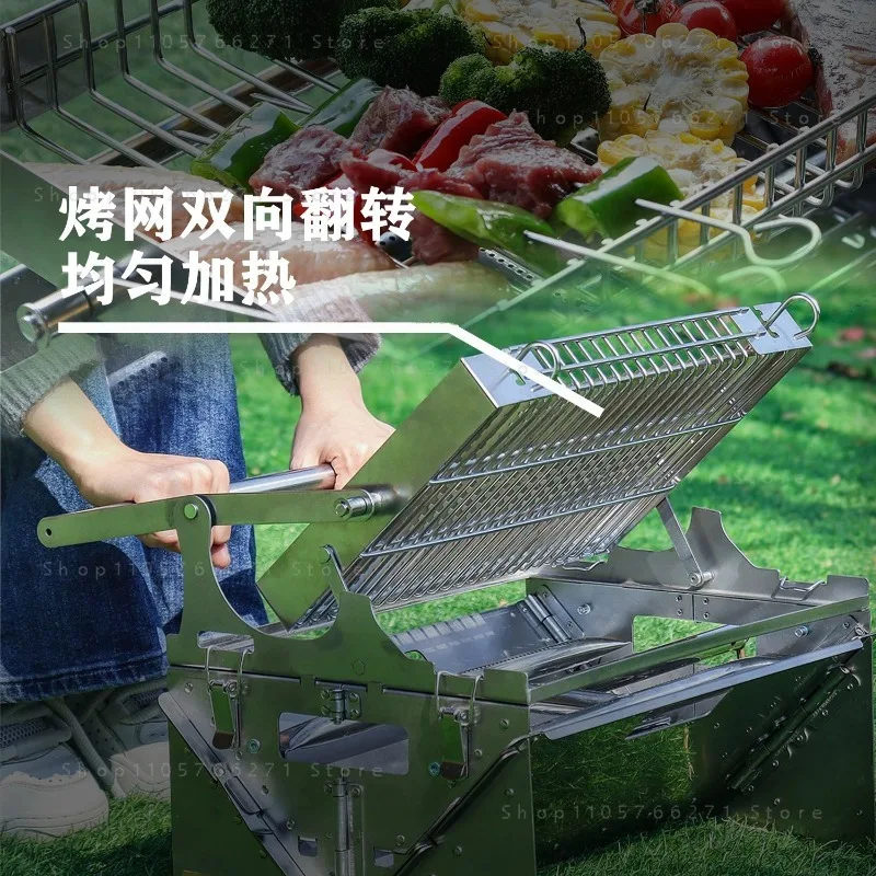 BBQ Grill Camping Turnover The Top BBQ Grid Could Over Turn 360⁰ Through The Handle Charcoal Stainless Steel Grill Foldable