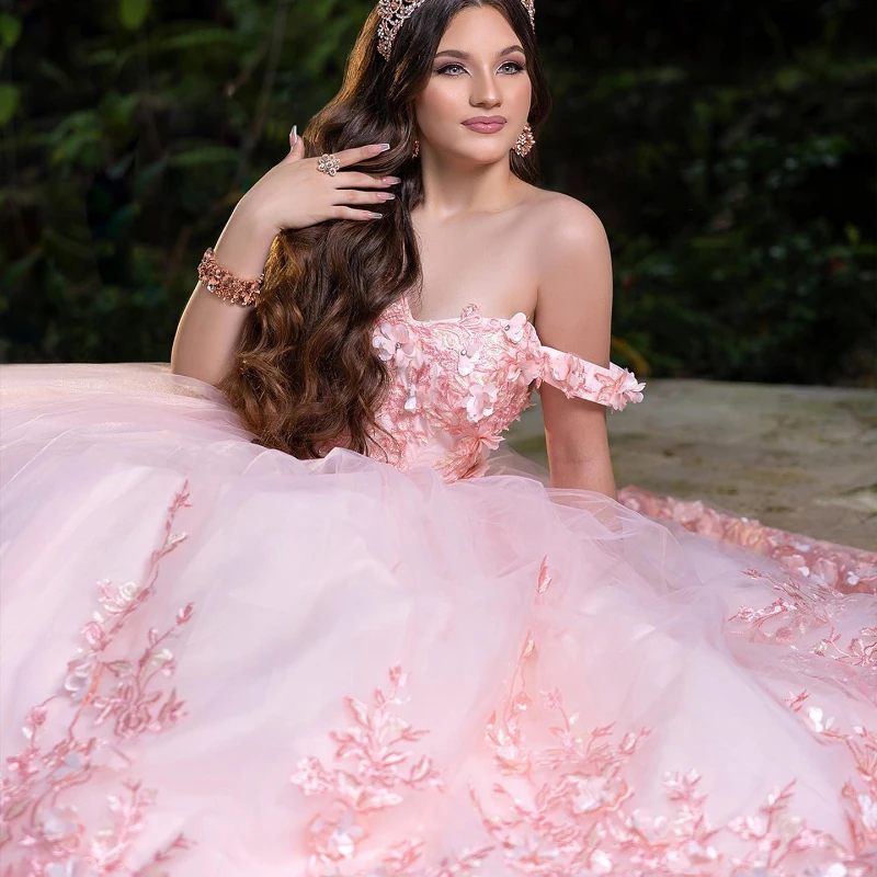 Pink Quinceanera Dress 2024 Sweetheart Off Shoulder Appliques Lace Tull Birthday Princess Gowns Vestidos De 15 Años