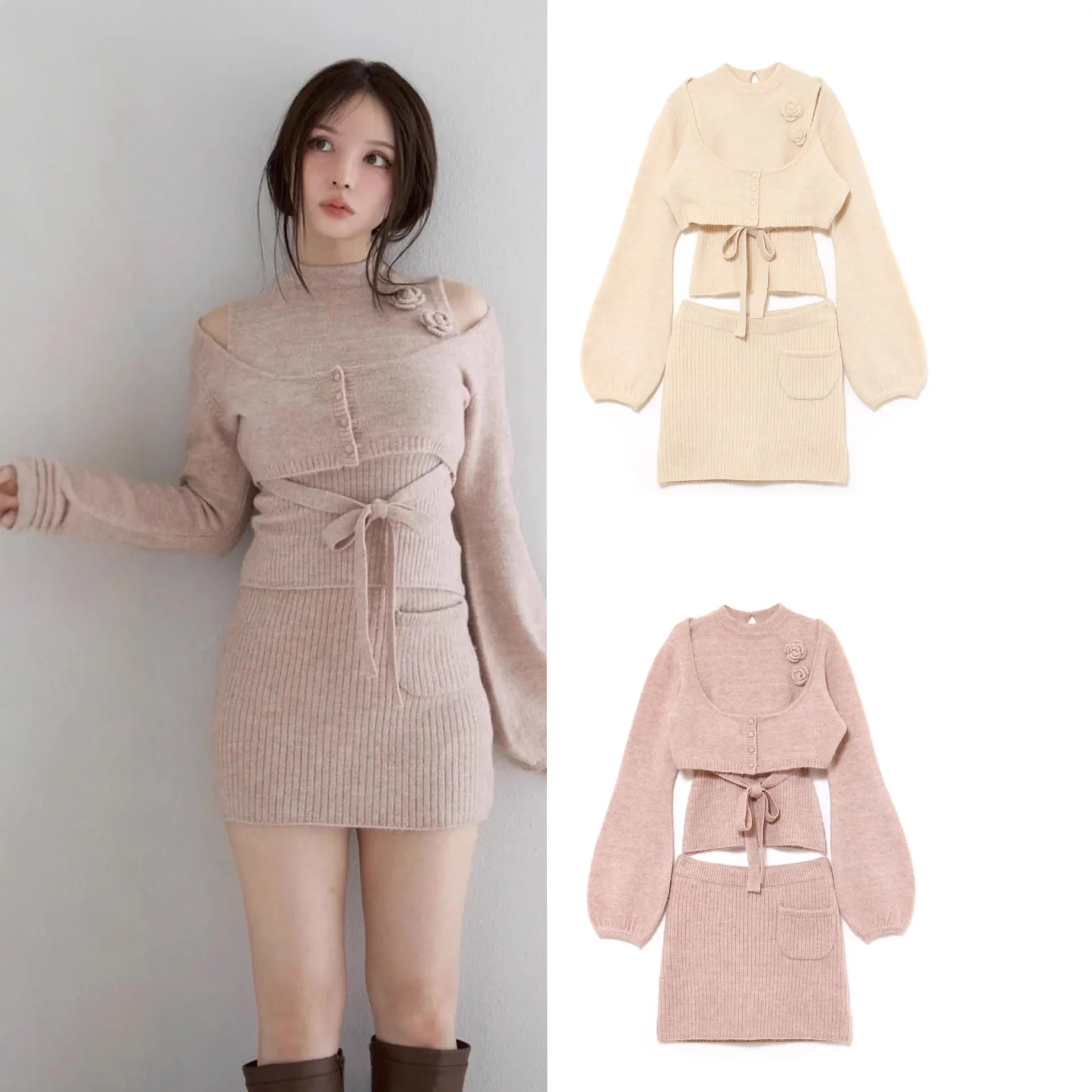 Japanese Elegant Lady Three-piece Set Single-breasted Long Sleeve Crop Cardigans Knitted Sleeveless Sweater Vests A-line Skirt