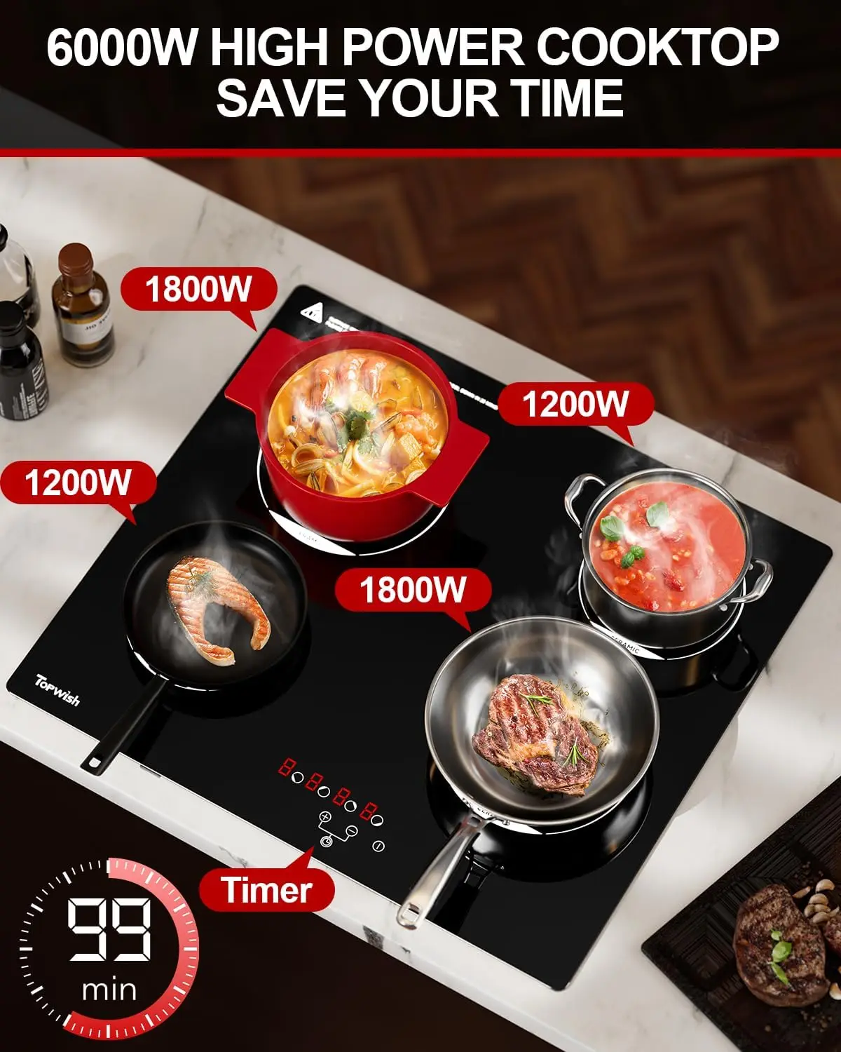 24 Inch Electric Cooktop 4 Burners, Ceramic Drop-in, 6000W, Touch Control, Safety Lock, Timer, 220-240V, Hard Wired