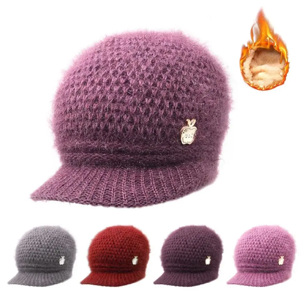 Apple Button Decor Soft Knitted Hat Casual Wide Brim Keep Warm Mom Cap Thickened Plush Thermal Peaked Hats Women Female