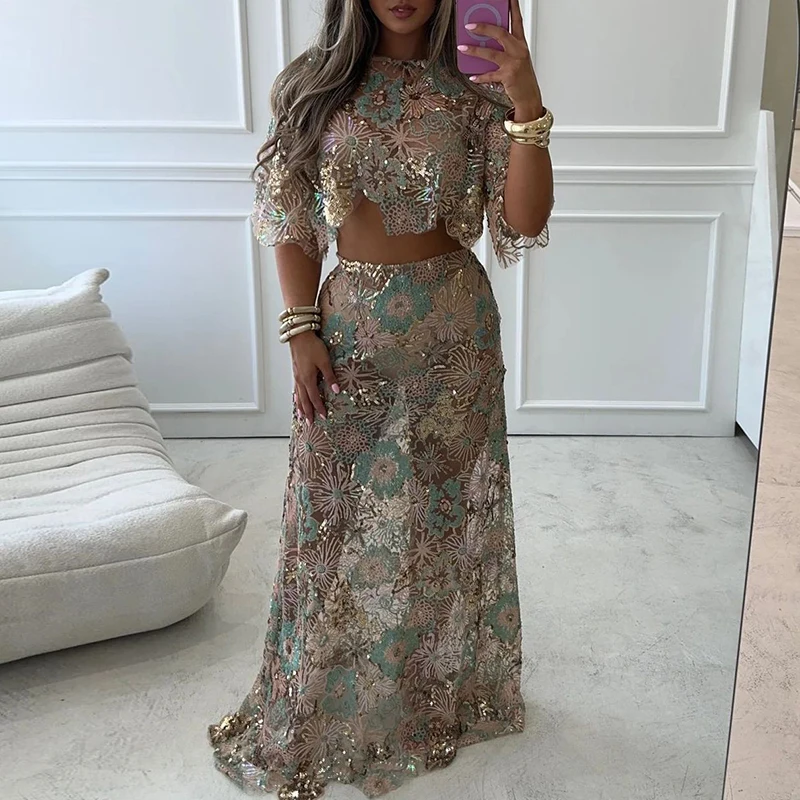 Vrouwen O-hals Korte Mouwen Top + Minirok Slanke Pak Elegante Hoge Taille Zomer Outfit Geborduurde Pailletten Sexy Club Party 2 st Set