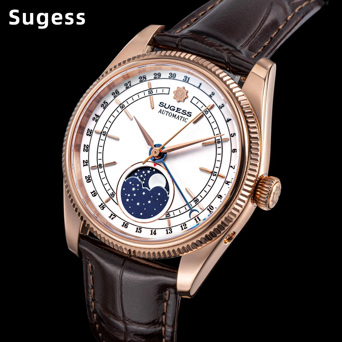 Sugess 40mm Watch of Men Moonphase Automatic ST2108 Movement Sapphire Crystal Mechanical Wristwatches Waterproof Date 2024 New