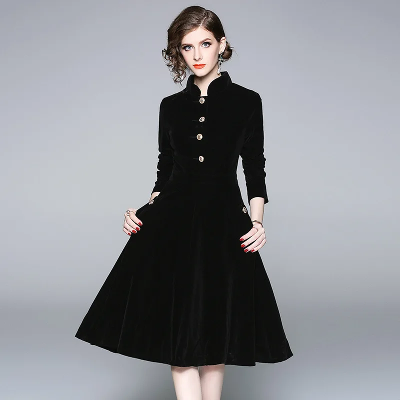 #2309 Black Velvet A-line Dress Women Stand Collar Buttons Slim Office High Waisted Knee-length Elegant Vintage Autumn Winter