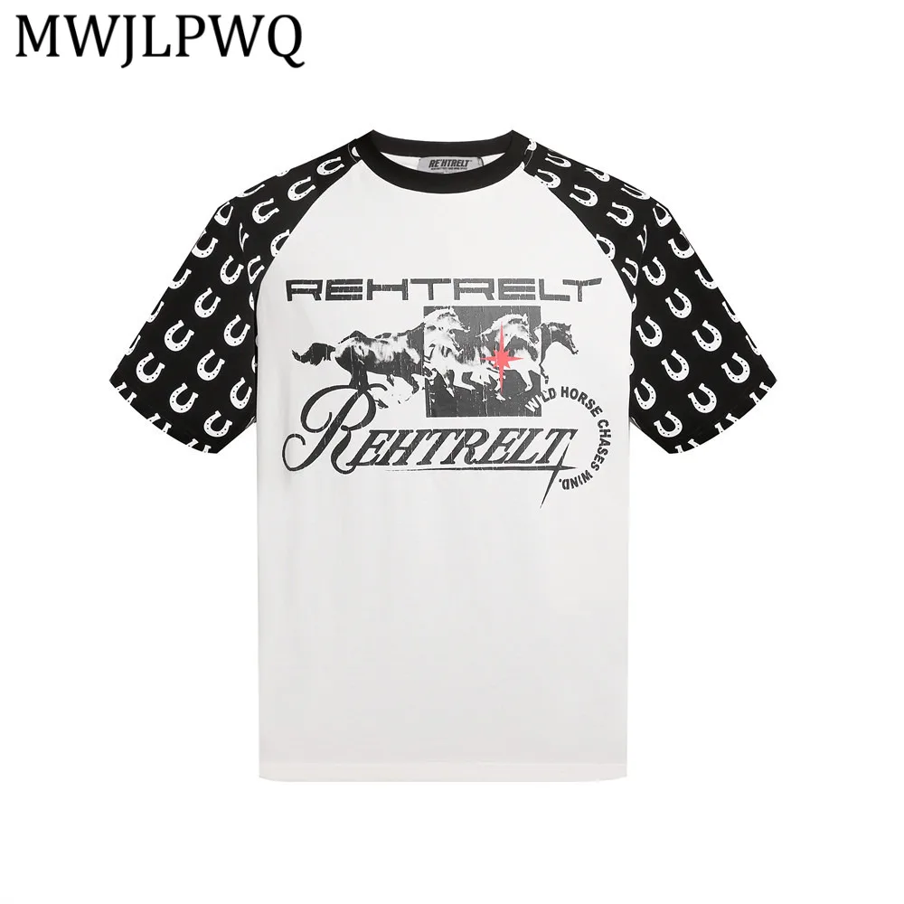 

MWJLPWQ Men's 2026 Summer Short-Sleeve T-Shirt Print Color Block Design New Cotton Round Neck Letter Print Ins Casual Tops 16426