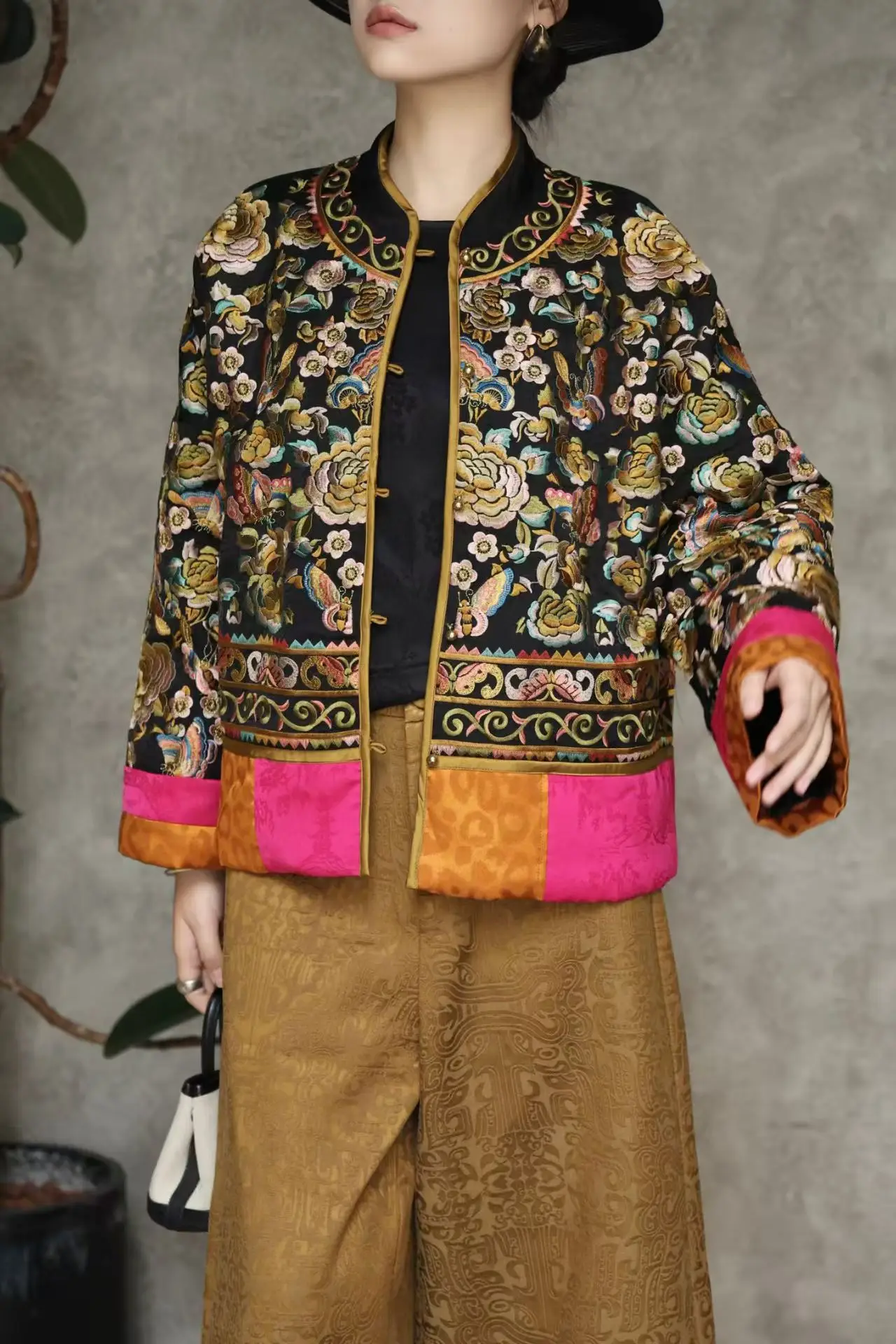 Autumn New Chinese style Stand up Collar Silk Fabric Palace Embroidery Butterfly+Peony Falling Shoulder Sleeve Women's Coat M-XX
