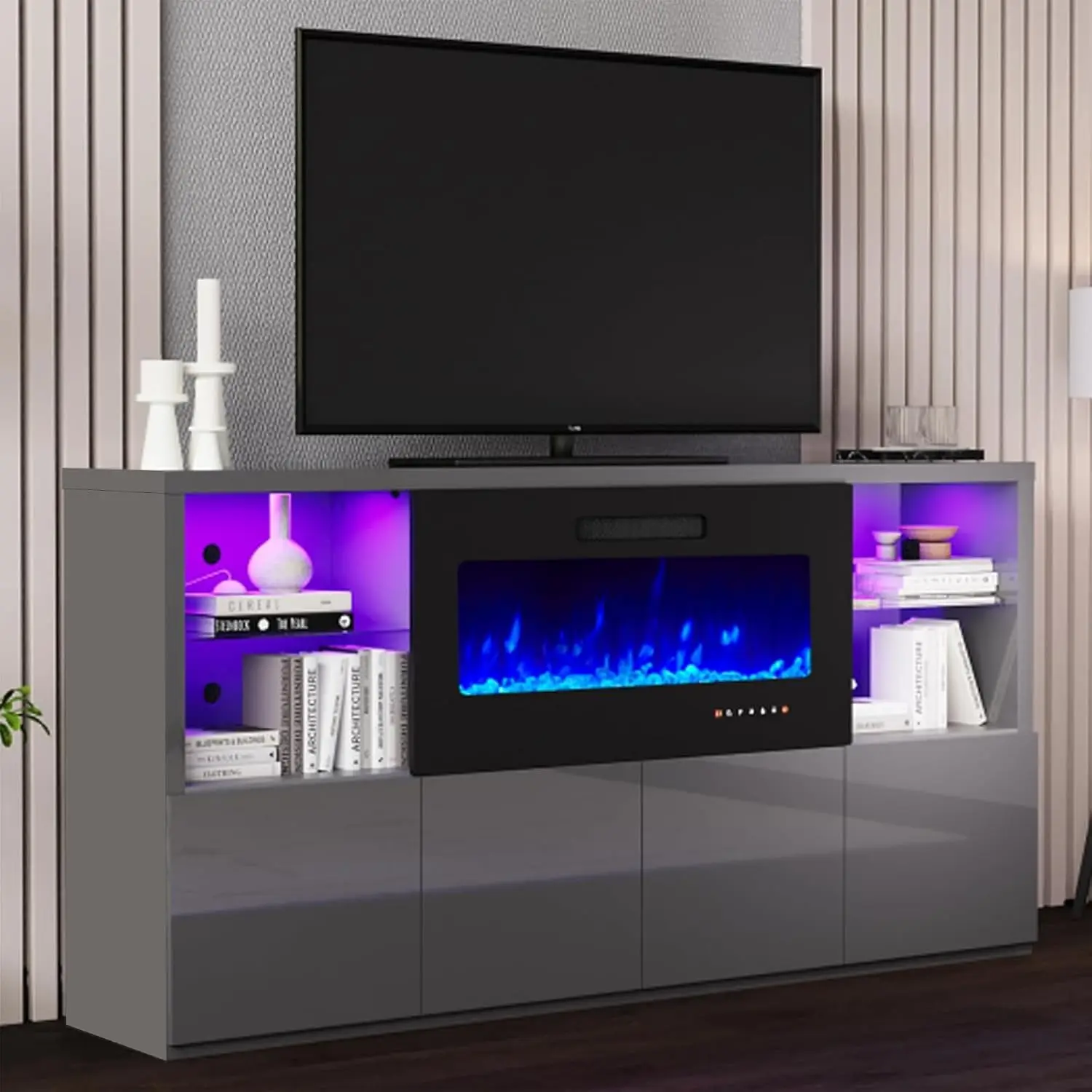 68in High Gloss TV Stand With LED Light & Fireplace Insert, Customized