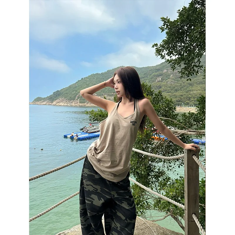 American Style Hot Girl Letter Print Halter Top Women Summer Outdoor Wear Slim Fit Back  Shirt Casual round Neck Vest