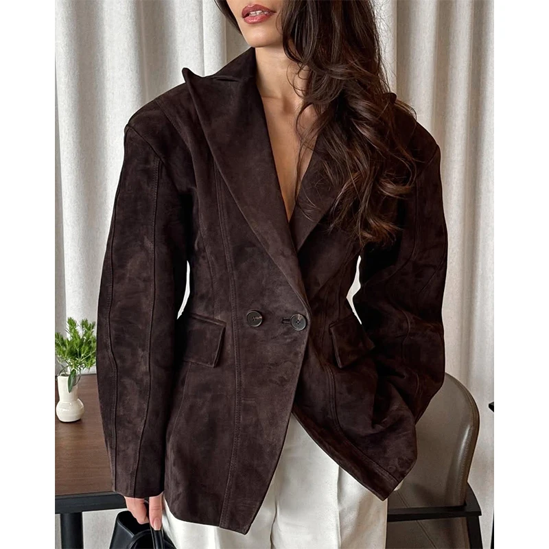 Vintage braune Wildlederjacke für Damen, modisch, einfarbig, V-Ausschnitt, lange Ärmel, Taschenrevers, einzelne Knopfjacken, 2025, modische Straßen-Outwear – Detail 8