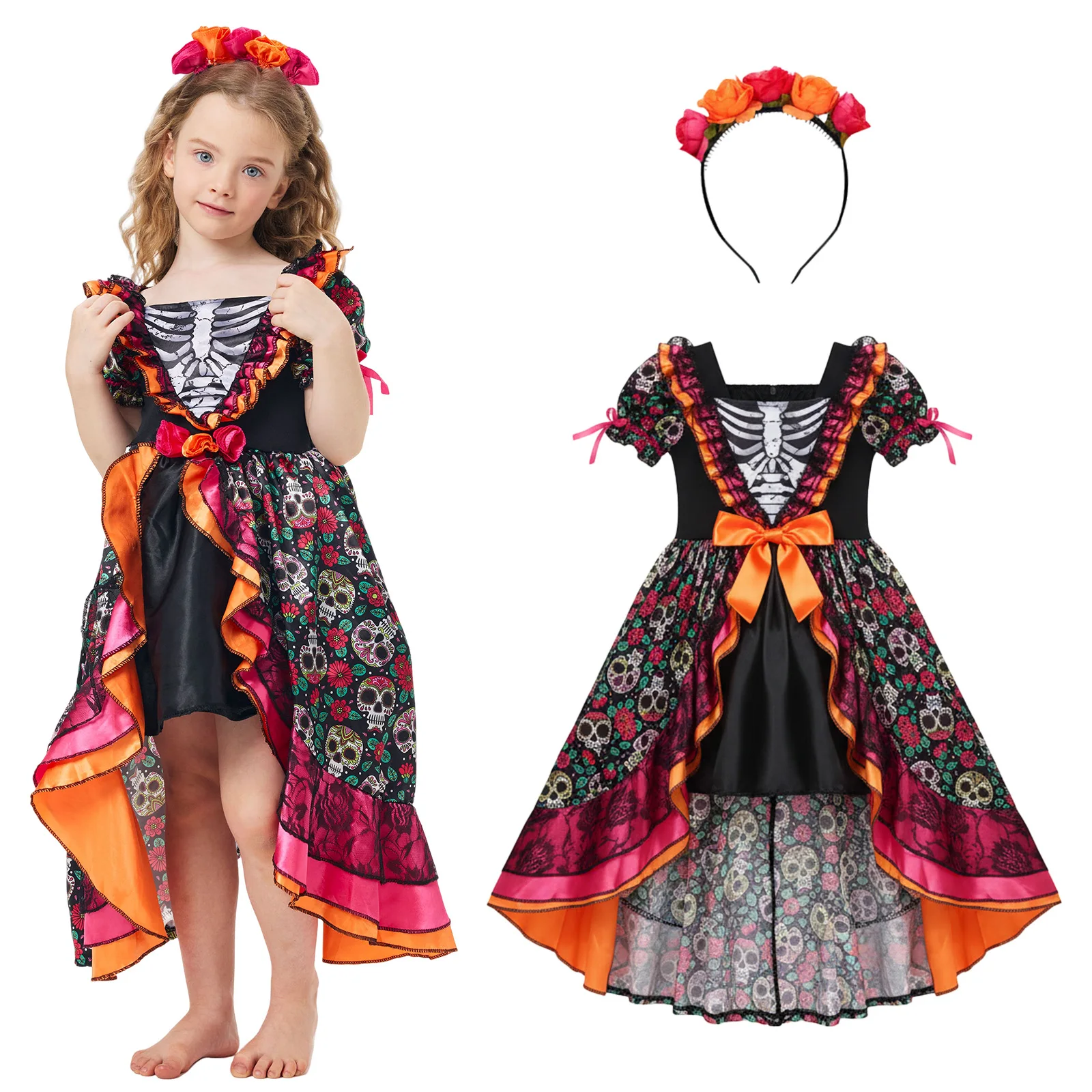 Day Of The Dead Costume Girls Day Of The Dead Dress with Flower Headpiece Halloween Skull Outfit