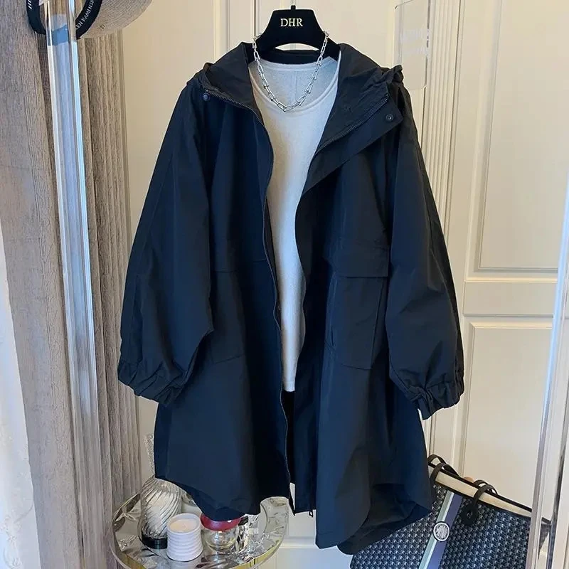 plus Size Women's Long Coat Loose Fitting Autumn Winter Fashionable Thickened Casual Style Zipper Closure Hooded Windbreaker