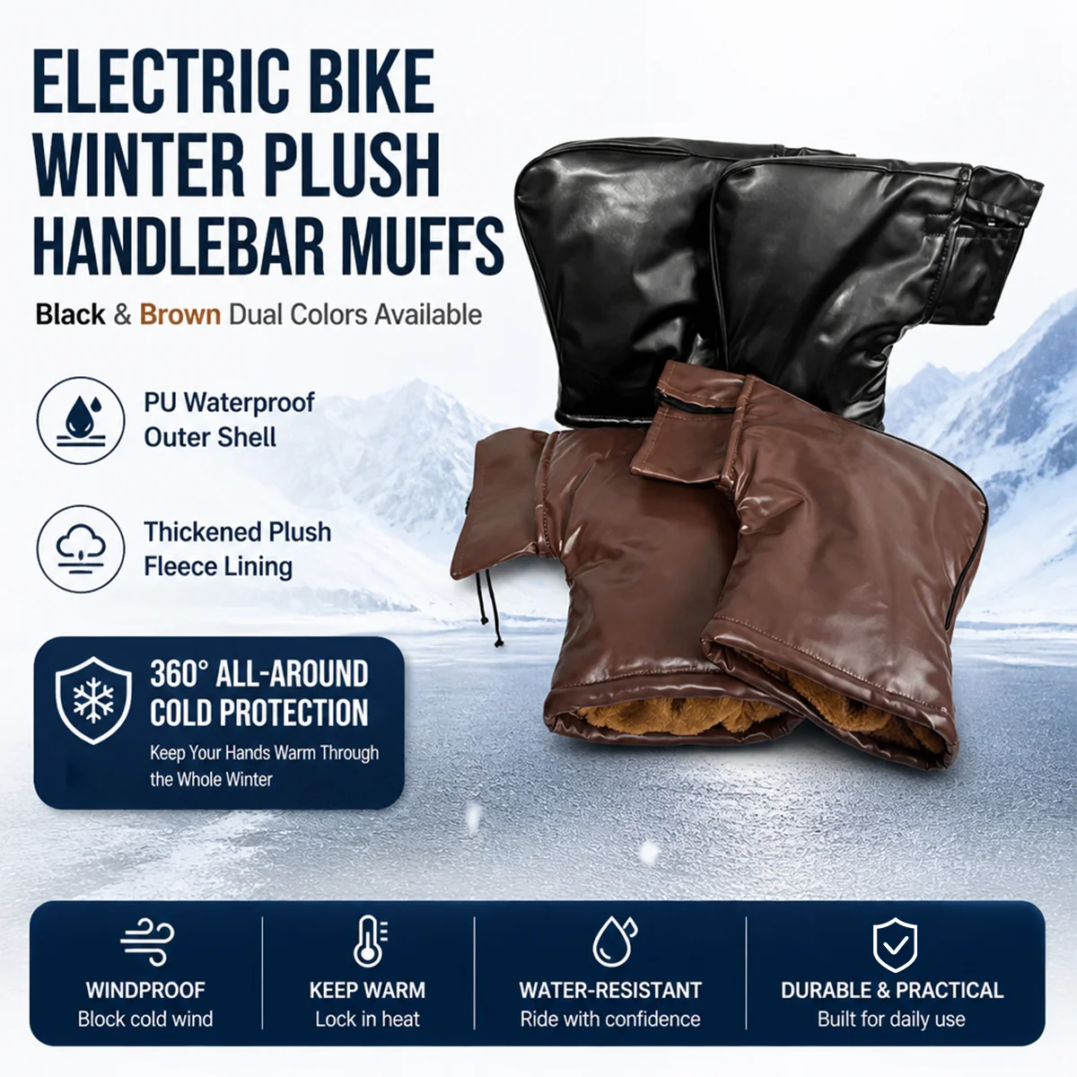 PU motorcycle gloves with windproof and warm insulation for winter riding, brown and black color.