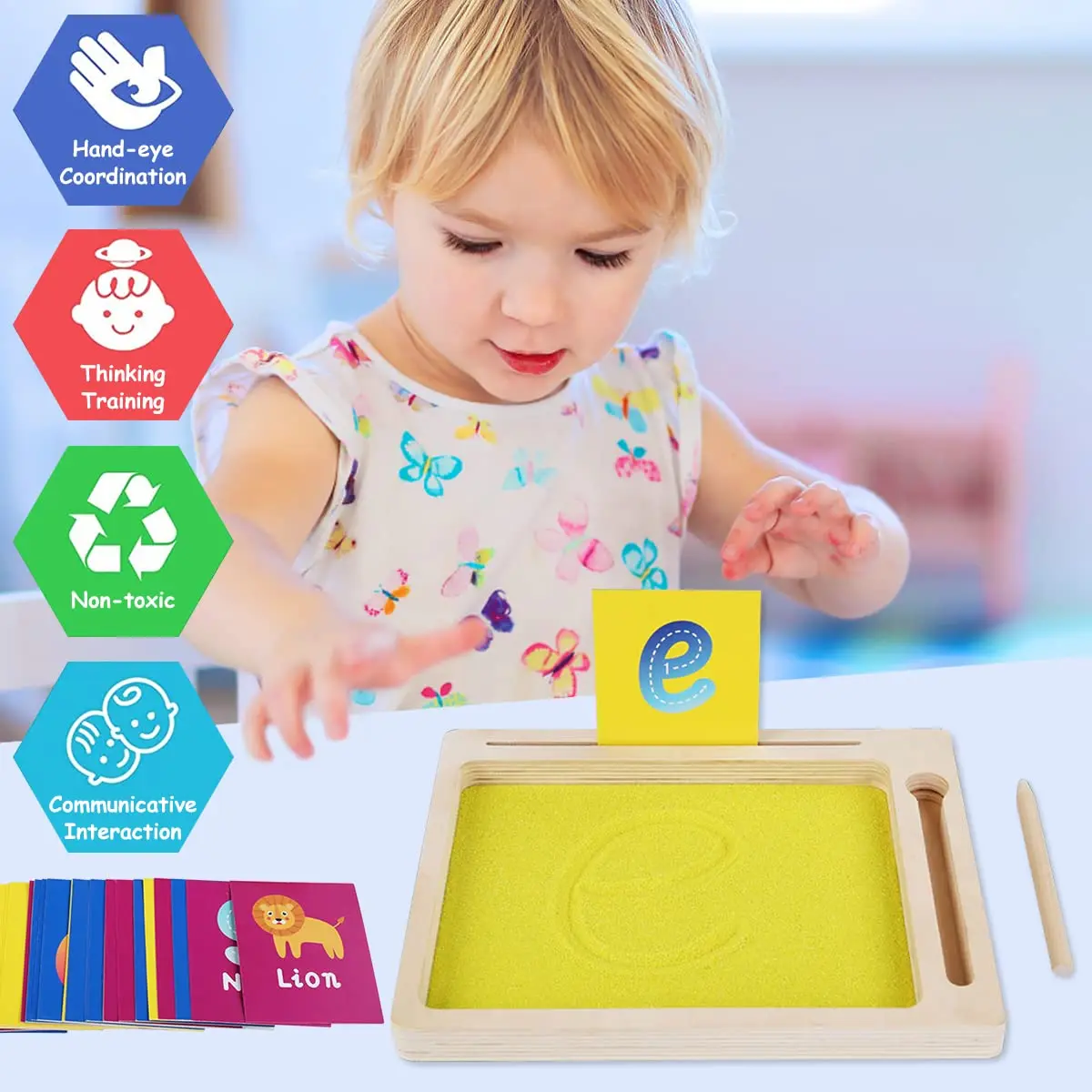 Mesa de arena de madera Montessori con bolígrafo y tarjeta para escribir letras, bandeja de arena, juguetes para niños, alfabeto y aprendizaje de números