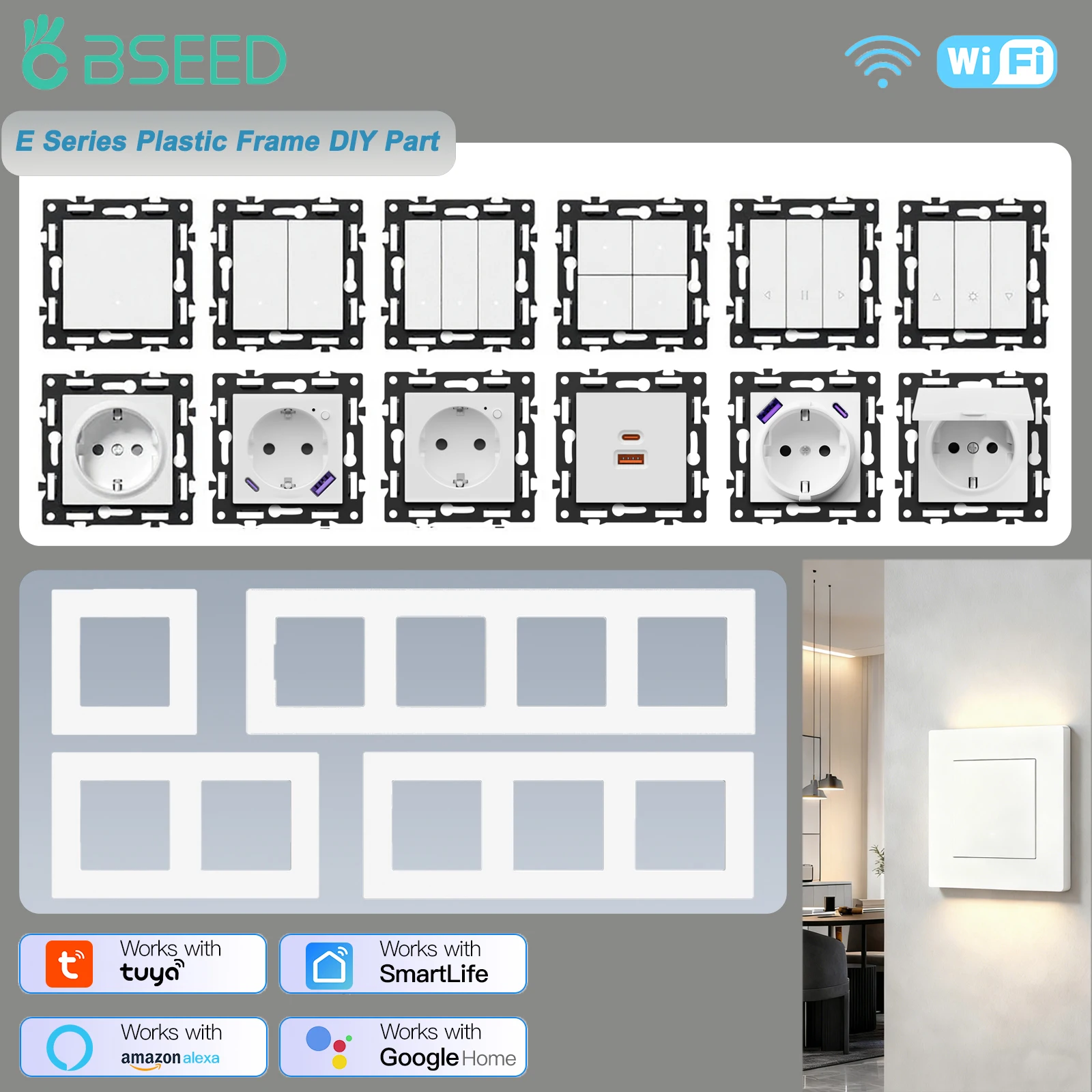 Módulo de interruptor de clic WIFI BSEED, interruptor de luz inteligente de 1/2/3/4 entradas, pieza DIY, marco de plástico para PC, componentes de enchufe inteligente Tuya Smart Life