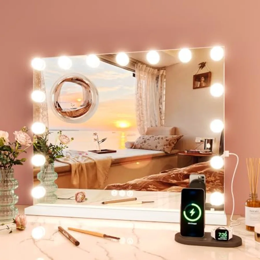 Makeup Mirror with Lights, Multifunctional Smart Touch Vanity Mirror with 15 Dimmable LED Lights and 3 Lighting Modes, 3X Magni