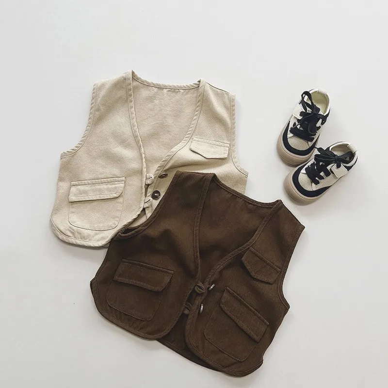 Children Solid Pockets Waistcoat Autumn Costume Boy Baby Cardigan Sleeveless Casual Tops Coat Girl Infant All-match Fashion Vest